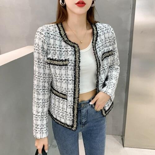 Vintage Korean Elegant Plaid Tweed Jackets Women O-Neck Long Sleeve Office Lady Wool Coats Autumn Winter Outwear