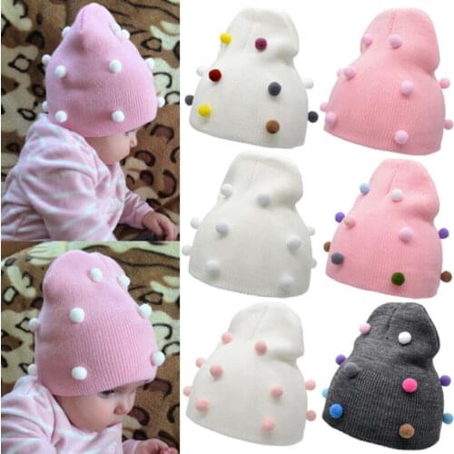 Newborn Baby Girl Winter Warmer Knit Wool Beanie Bobble Hat Crochet Pom Pom Cap