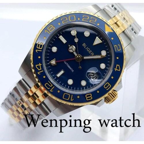 40mm Bliger Mens Top Luxury Mechanical Watch Sapphire Glass Ceramic Bezel Blue Dial Date Luminous Mens GMT Automatic Watch