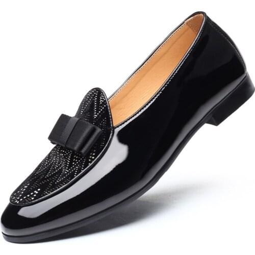 Large Size 38-48 Classic Men Patent Leather Shoes Black Bow Tie Dress Shoes Luxury Rhinestone Men Loafers Casual Shoes H395