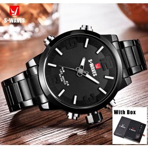 SWAVES LED Military Watch Men Waterproof Dual Display Stainless Steel Digital Relojes Hombre Luxury Quartz Male Watch with Box