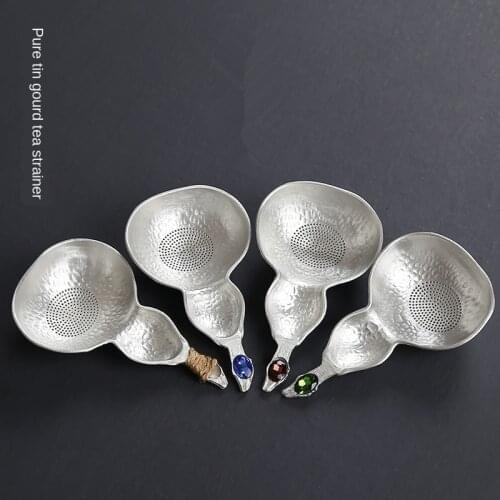 Pure Tin Hand Hammered Tone Gourd Tea Strainer Tea Dust Filter Tin Silver Gourd Scoop-Shaped Kombucha Tea Strainer Bucket