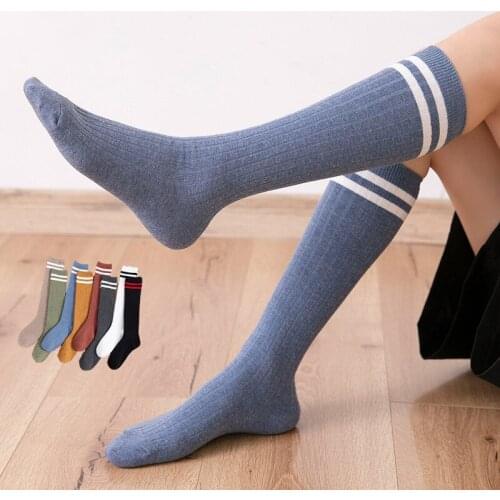 Knee-High Stockings Women Solid Color Striped Harajuku Charming Legs Slimming Easy Matching Cotton Long Socks Woman Fashion Pop