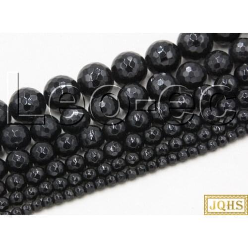 JQHS 12mm 14mm natural Round Faceted Black Agates beads Loose Strand For Jewelry Making 15" V1186