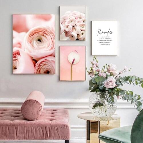 Canvas Painting Nordic Decor Pink Peony Flower Posters and Prints Love Quotes Wall Art Floral Picture Bedroom Home Decoration