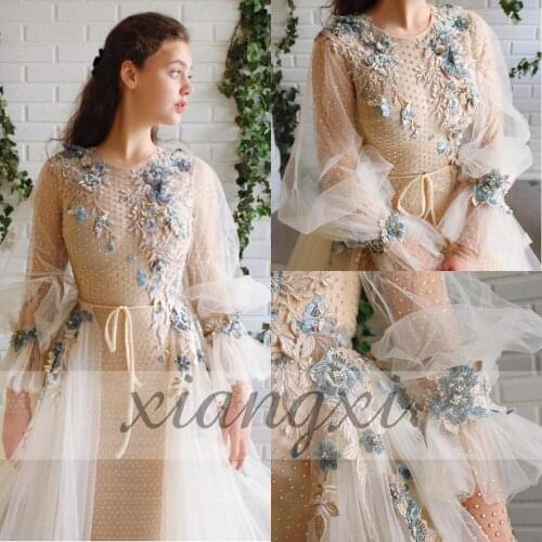 Beautiful Prom Dresses Ivory Handmade Flowers Beaded Overskirt Detachable Train Jewel Neck Long Sleeves A-line Formal Gown 2020