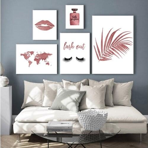 Fashion Wall Art Canvas Painting Lash Pink Glitter Prints Perfume Bottle Vogue Pictures Wold Map Poster Girls Room Home Decor