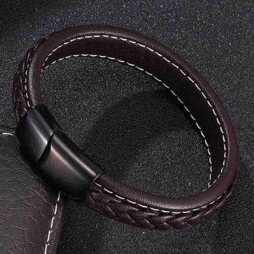 Fashion Bracelets Men Jewelry Brown Leather Bracelet Bangles 3 Colors Stainless Steel Magnetic Clasps Male Wrist Band Gifts 0215