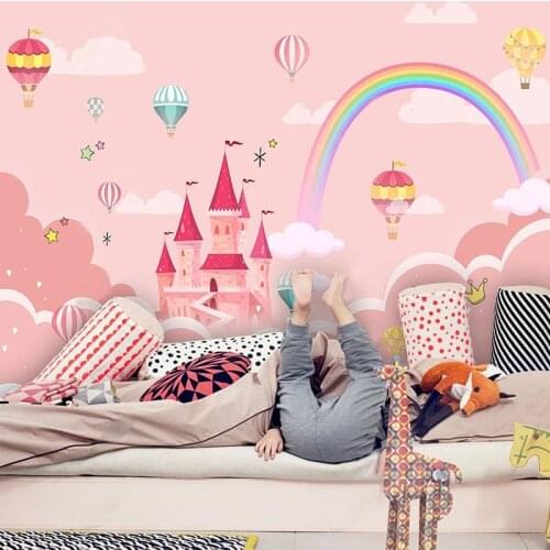Custom Photo Wallpaper 3D Cartoon Castle Rainbow Hot Air Balloon Mural Childrens Room Background Wall Papel De Parede Wallpaper