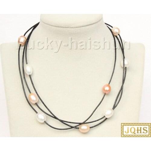Adjustable 3row Multicolor white pink purple freshwater pearls black leather necklace j9925