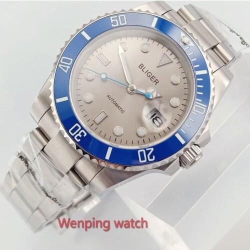 W2588Luxury Bliger Mechanical Watches 40mm sterile Silver Grey dial Ocean Blue Small Second Hand Ceramic Bezel sapphire movement