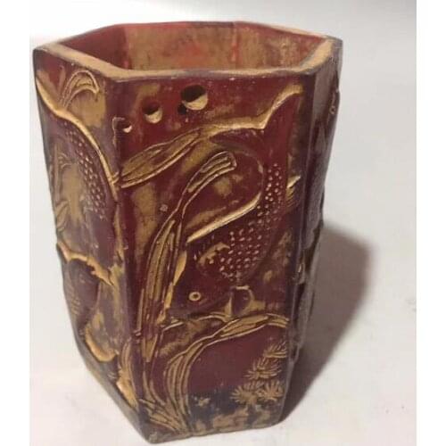 Hand-made Amber Carving Carp, Goldfish, Hexagonal Pencil Holder, Wealth Decoration, Peace And Auspicious Gifts