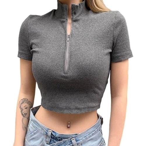 SALSPOR Sexy Zipper T-Shirt Women Thin Short Navel Black Tops Female Nightclub Club Clothing Elastic Fitness Top T-Shirt Feminin