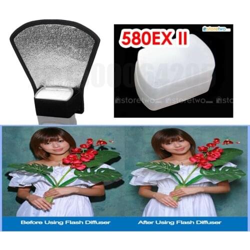 2 in1 Universal Flash Diffuser Silver/white Reflector + White Flash Bounce Softbox for Can&n Speedlite Speedlight 580EX 580 EXII