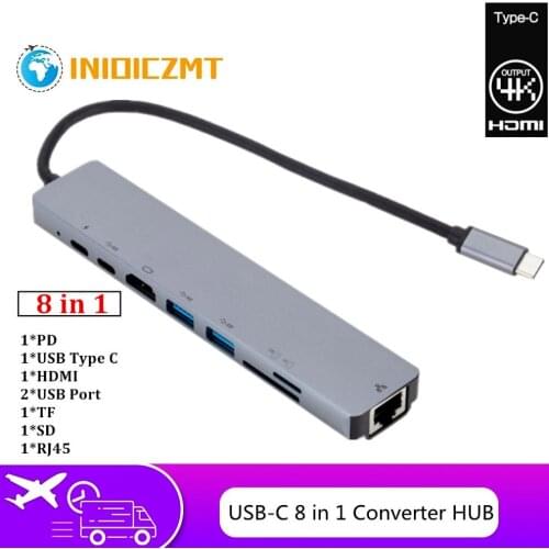 INIOICZMT USB Type-C Hub To 4K HDMI RJ45 USB SD/TF Card Reader PD Fast Charge 8 in 1 Multifunction Adapter For MacBook Pro