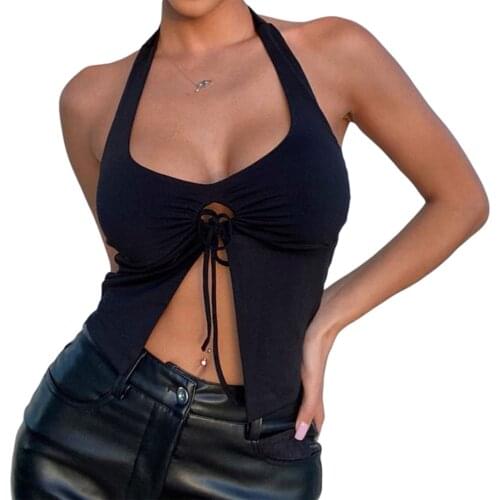 Women Lace Up Halter Tank Top Streetwear 2021 Fashion Sleeveless Backless Solid Camisole Tops Summer Ladies Sexy Crop Top