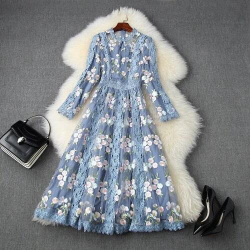 European and American womens clothing 2020 autumn new style Long sleeve Flower embroidery Fashionable dress