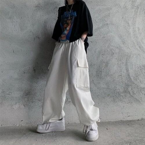 QWEEK Harajuku White Cargo Pants Women Vintage HIgh Waist Pants Hip Hop Streetwear Pockets Straight Pants Joker Black Trousers