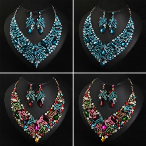 Womens Crystal Pendant Bib Choker Chunky Chain Necklace Earrings Bride Jewelry Set Statement Wedding Party Cocktail Jewelry Hot