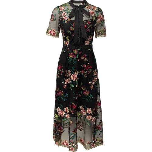 Runway Embroidery Flower Dress Summer Women Midi Lace Floral Embroidered Party Dresses Female Bow Tulle Short Sleeve Long Dress
