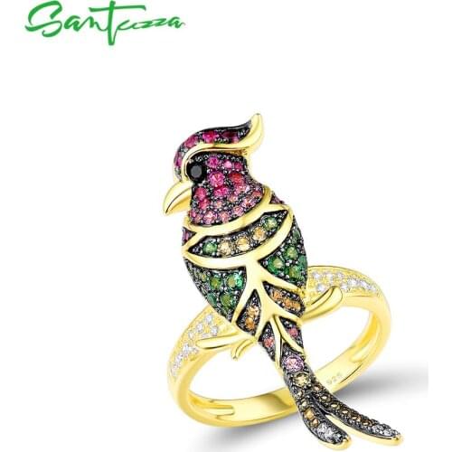 SANTUZZA Silver Rings For Women Authentic 925 Sterling Silver Gold Color Lovely Bird Sparkling Colorful Stones Fine Jewelry