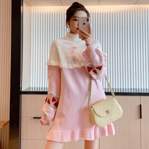 Women Jacquard Long Sweater Dress 2021 Winter Warm Knit Pullovers Lantern Sleeve Turtleneck Sweet Style Girl Ruffles Jumpers