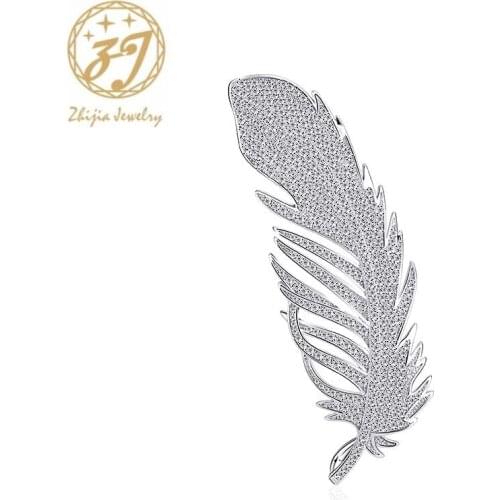 Zhijia Elegant Feather Design Pins Brooches For Women Silver Color Crystal Rhinestone Brooches Party Jewelry Gifts