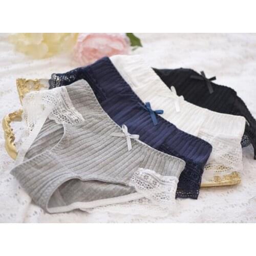 100% Real Photos M L XL Kawaii Cute Lolita Strechy Comfortable Ribbon Cotton Lace Briefs Panties Underwear Thong Lingerie WP495