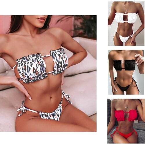 2021 Womens Sexy Strapless Pleated Tube Top Swimsuit Lace Bikini Set 2 Piece Thong Swimwear Hot Spring Pool Beach Swimwear