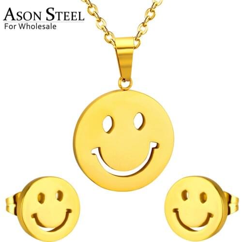 ASONSTEEL Girl Jewelry Set Stainless Steel Smile Face Pendant Necklace Gold/Silver Color Small Stud Earrings Sets Party Gift