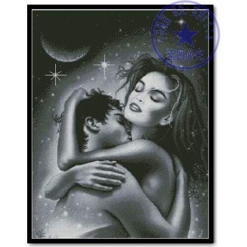 Free delivery Top Quality lovely romantic counted cross stitch kit moonlit kiss night moon lover couple, forever love