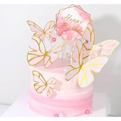 New Beautiful Butterfly Happy Birthday Cake Topper Gold Birthday Cupcake Topper Supplies for Kids Birthday Party Cake Decoration