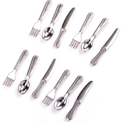 NEW Mini Cutlery Knife Fork Spoon Childrens Toy Doll House DecorVintage Dollhouse Miniatures Tableware 2Colors 12PCS/set