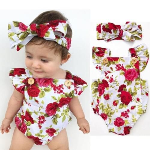 Newborn Baby Girl Clothes Flower Jumpsuit Sunsuit Bodysuit + Headband Outfits Set