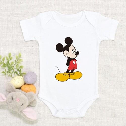 Newborn Clothes Mickey Mouse Print Summer Short Sleeve Baby Girl Clothes Baby Boys Bodysuit Kawaii White Baby Romper Jumpsuit