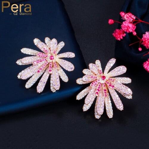 Pera Brilliant Firework Flower Purple Red CZ Zircon Big Statement Drop Earrings for Bridal Wedding Engagement Jewelry Gift E745