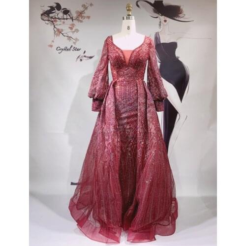 Red Color Luxury Puff Sleeve Evening Dress 2021 Muslim Women Long Skirt Wedding Prom Dress HO1056