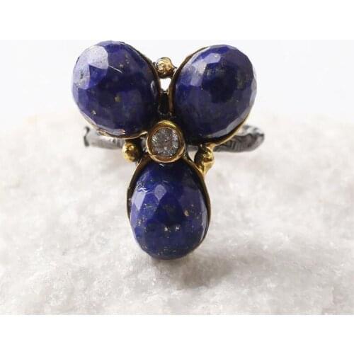 Blue Lapis Lazuli and White Leaf Zircon Gold Plated Womens Silver Ring, Woman 925 Silver Zircon Handmade Ring, Oval Zircon Ring