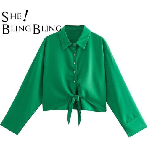 SheBlingBling Za Woman 2021 Summer Casual Loose Green Shirt Crop Tops Single Breasted Drop Shoulder Long Sleeve Traf Blouses