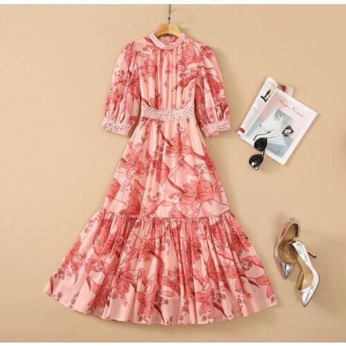 European and American womens wear for summer 2021 Hollow five-quarter sleeve stand collar Fashion print pink dress