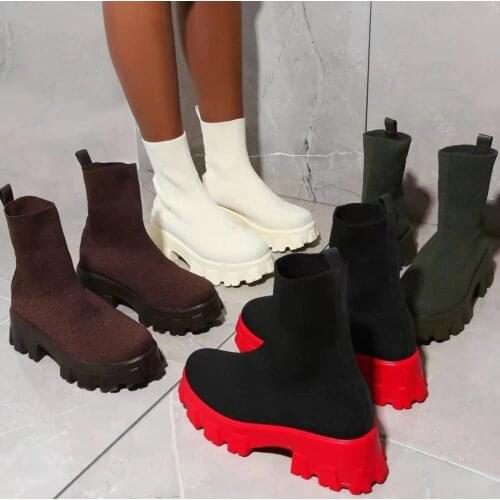 Autumn New Socks Shoes Woman Stretch Fabric Mid-Calf Casual Platform Boots Net Red Knitted Short Boots Women Plus Size Booties