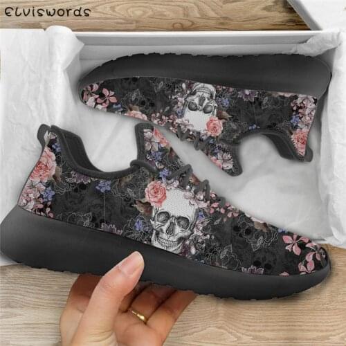 ELVISWORDS Retro Style Punk Skull Flower 3D Print Flats Women Classic Lace-up Knit Shoes Fashion Students Girls Mesh Sneakers
