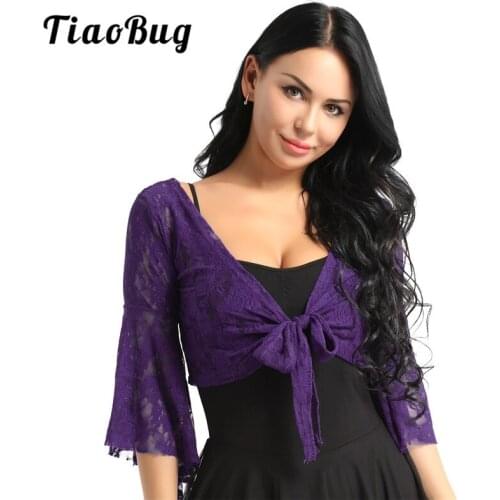 TiaoBug Women Long Flare Sleeve Floral Lace Ballet Tops Dance Wear Shrug Female Lyrical Dance Costumes Cover Up Cardigan Wrap
