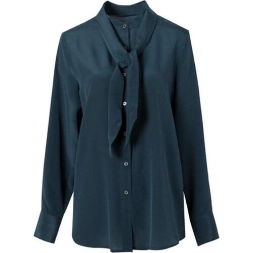 Natural Silk Solid Stand Collar Top 100% Mulberry Silk Women Long-sleeve Ribbon Blouses M L XL FREE SHIPPING