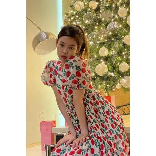 Ladies Round Neck Short Puff Sleeve Floral Printed Ruffle Pleated Short Dress