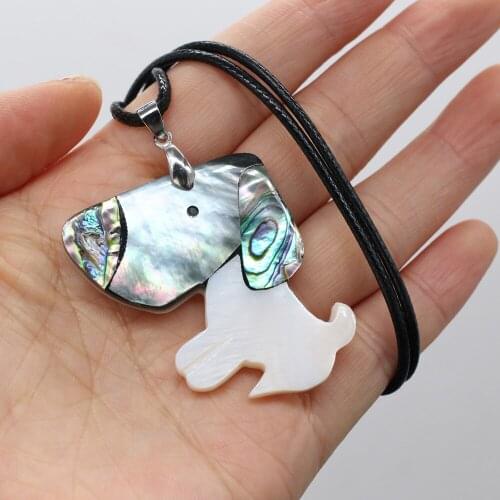 Natural Dog Shape Wax Thread Shell Necklace Charms for Women Animal Jewelry Accessories Gift Size 40x43mm Length 55cm