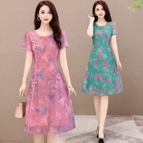 Plus Size Chinese Style Elegant Floral Print Short Sleeve Knee-length Chiffon Women Holiday Dress Vestidos Sukienki 5XL 3638
