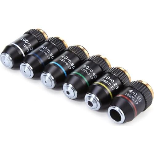 195 Black Achromatic Objective 4X 10X 20X 40X 60X 100X High Quality Microscope Objective Lens RMS 20.2mm Objective Parts