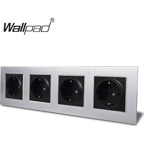 4 Way EU Power Socket Wallpad 300*86mm Silver Metal Frame Quadruple 16A Wall EU Schuko Wall Socket with Claws for Round Box