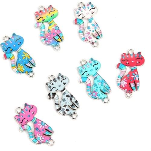 10pcs Cat Enamel Alloy Bracelets Connectors Animal Charms For DIY Necklace Accessories DIY Fashion Jewelry Finding 3*1.6cm